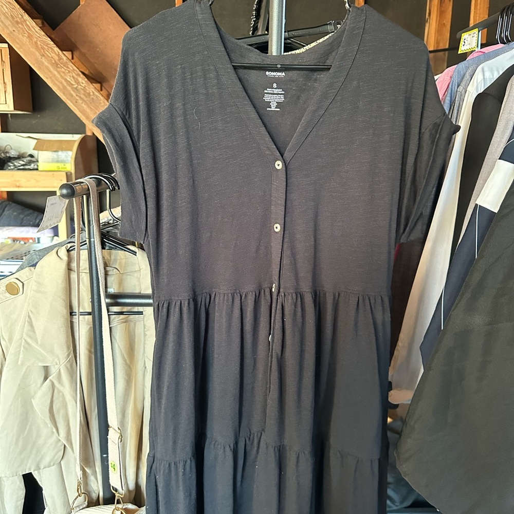 Black Button-Front Tiered Midi Dress